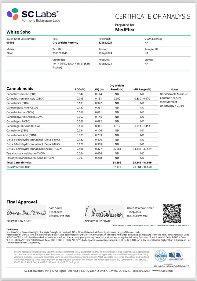 36.6% White Soho THCa Flower 7g HYBRID AAA Indoor