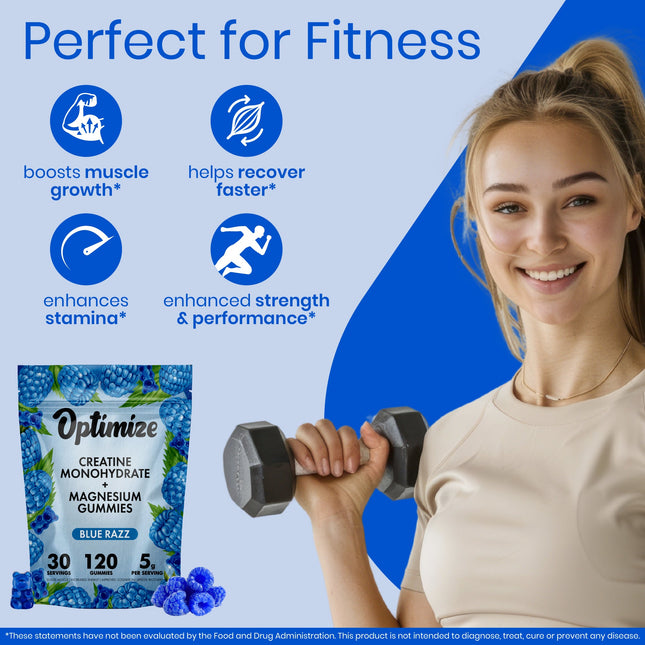 Blue Razz Optimize Creatine Monohydrate Gummies + Magnesium Complex Vegan Blend 120 Count