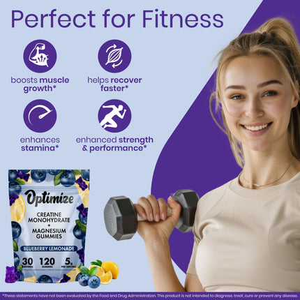 Blueberry Lemonade Optimize Creatine Monohydrate Gummies + Magnesium Complex Vegan Blend 120 Count