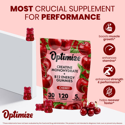Cherry Optimize Creatine Monohydrate Gummies + B12 Energy Vegan Blend 120 Count