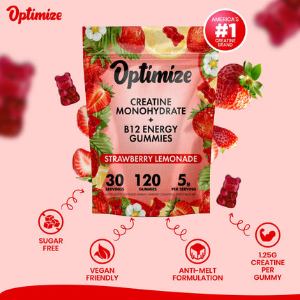 Strawberry Lemonade Optimize Creatine Monohydrate Gummies + B12 Energy Vegan Blend 120 Count