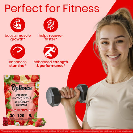 Strawberry Lemonade Optimize Creatine Monohydrate Gummies + B12 Energy Vegan Blend 120 Count