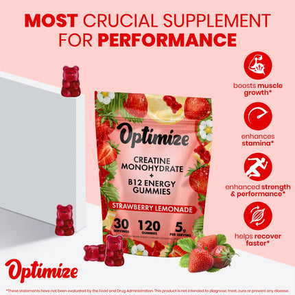 Strawberry Lemonade Optimize Creatine Monohydrate Gummies + B12 Energy Vegan Blend 120 Count