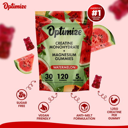 Watermelon Optimize Creatine Monohydrate Gummies + Magnesium Complex Vegan Blend 120 Count