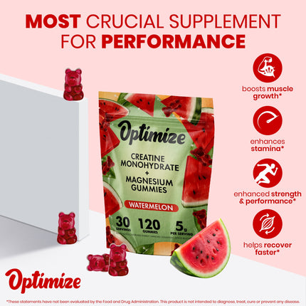 Watermelon Optimize Creatine Monohydrate Gummies + Magnesium Complex Vegan Blend 120 Count